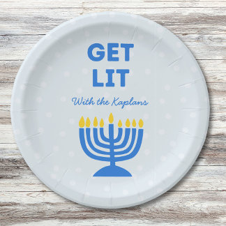 Funny "Get Lit" Chic Personalized Menorah Hanukkah Paper Plate