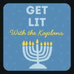 Funny "Get Lit" Chic Personalized Menorah Hanukkah Square Sticker<br><div class="desc">Bring a festive spark to your Hanukkah celebrations with these fun "Get Lit" stickers! Featuring a bold menorah illustration, customizable family name text, and a playful message, these stickers are perfect for adding personality to gift bags, favour boxes, or holiday cards. The vibrant design and humourous phrase make them a...</div>