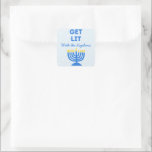 Funny "Get Lit" Chic Personalized Menorah Hanukkah Square Sticker<br><div class="desc">Bring a festive spark to your Hanukkah celebrations with these fun "Get Lit" stickers! Featuring a bold menorah illustration, customizable family name text, and a playful message, these stickers are perfect for adding personality to gift bags, favour boxes, or holiday cards. The vibrant design and humourous phrase make them a...</div>