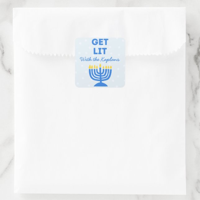 Funny "Get Lit" Chic Personalized Menorah Hanukkah Square Sticker (Bag)