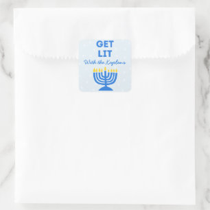 Funny "Get Lit" Chic Personalized Menorah Hanukkah Square Sticker