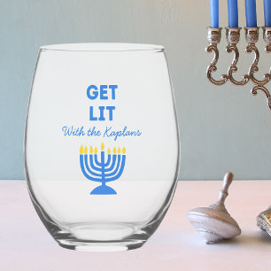 Funny "Get Lit" Chic Personalized Menorah Hanukkah Stemless Wine Glass