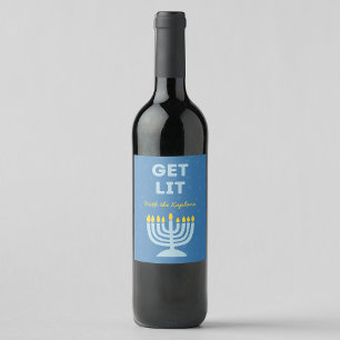 Funny "Get Lit" Chic Personalized Menorah Hanukkah Wine Label