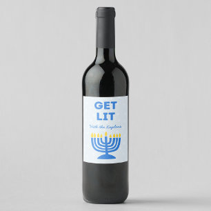Funny "Get Lit" Chic Personalized Menorah Hanukkah Wine Label
