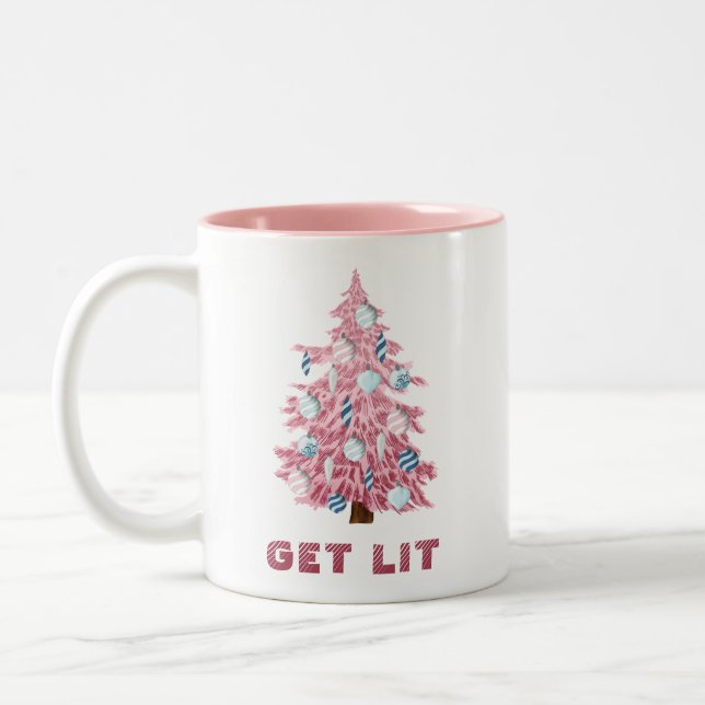 Funny Get Lit Pink Christmas Tree Two-Tone Coffee Mug (Left)