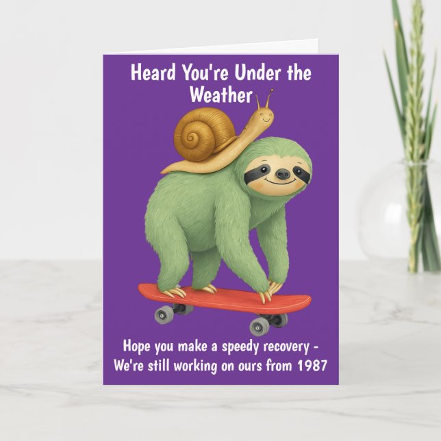 Funny Get Well Card Sloth Snail Skateboard Art (Front)