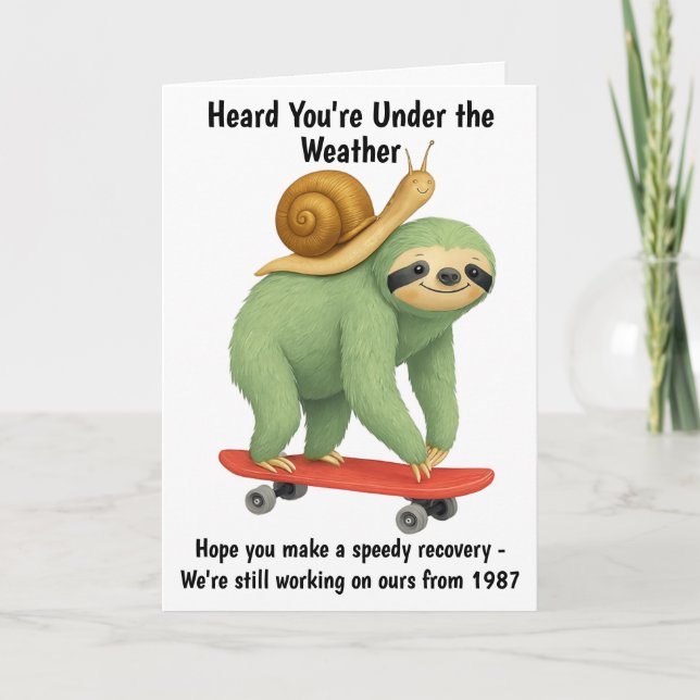 Funny Get Well Card Sloth Snail Skateboard Art (Front)
