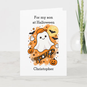 Funny Ghost and Skateboard Halloween Son Card