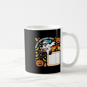 Funny Ghost Biker Halloween Design With Flames And Coffee Mug