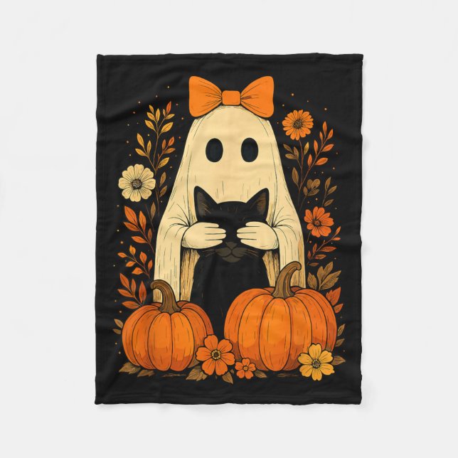 Funny Ghost Bow Holding Black Cat Fall Halloween Fleece Blanket (Front)