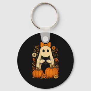 Funny Ghost Bow Holding Black Cat Fall Halloween  Keychain