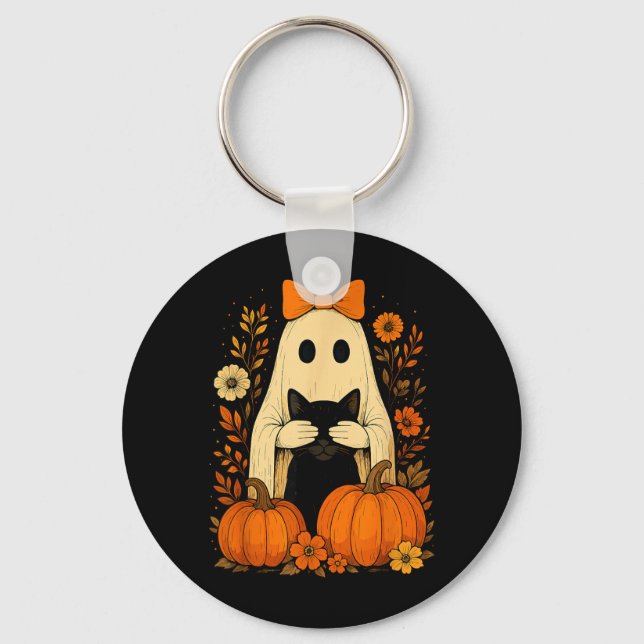 Funny Ghost Bow Holding Black Cat Fall Halloween Keychain (Front)