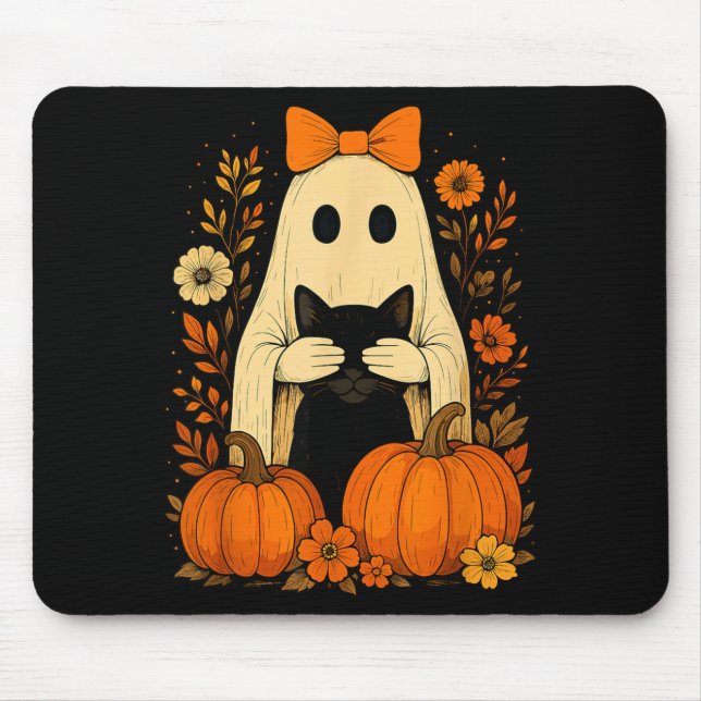 Funny Ghost Bow Holding Black Cat Fall Halloween Mouse Pad (Front)