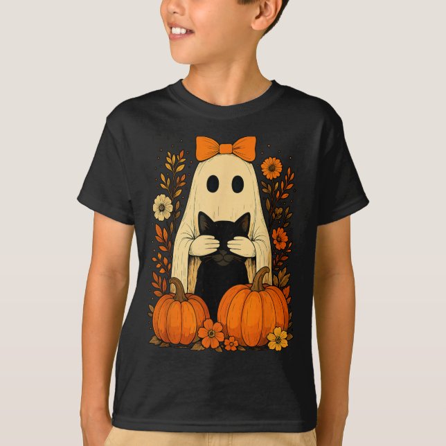 Funny Ghost Bow Holding Black Cat Fall Halloween T-Shirt (Front)