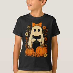 Funny Ghost Bow Holding Black Cat Fall Halloween T-Shirt