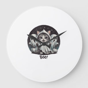 Funny Ghost Cat Boo Halloween Animal Ghost Kitty T Large Clock