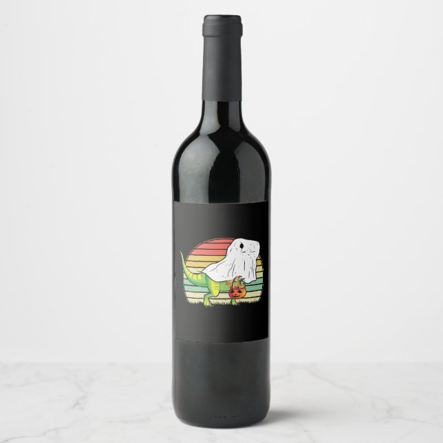 Funny Ghost Dinosaur Halloween Wine Label (Front)