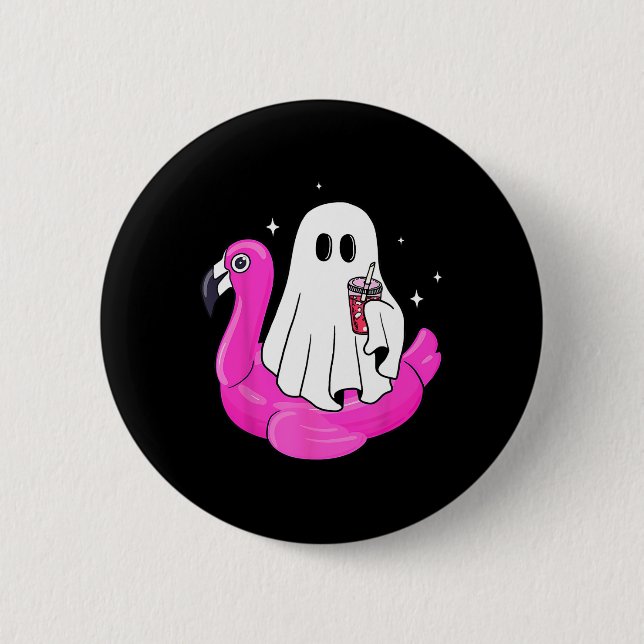 Funny Ghost Flamingo Float Pool Spooky Summer Summ 2 Inch Round Button (Front)