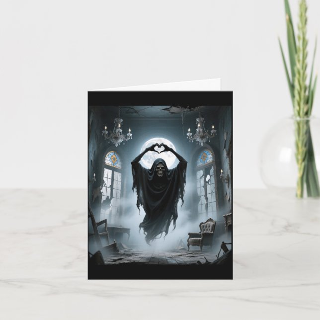 Funny ghost heart hands scary face halloween card (Front)