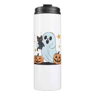Funny Ghost Holding A Black Cat Lazy Halloween Spo Thermal Tumbler