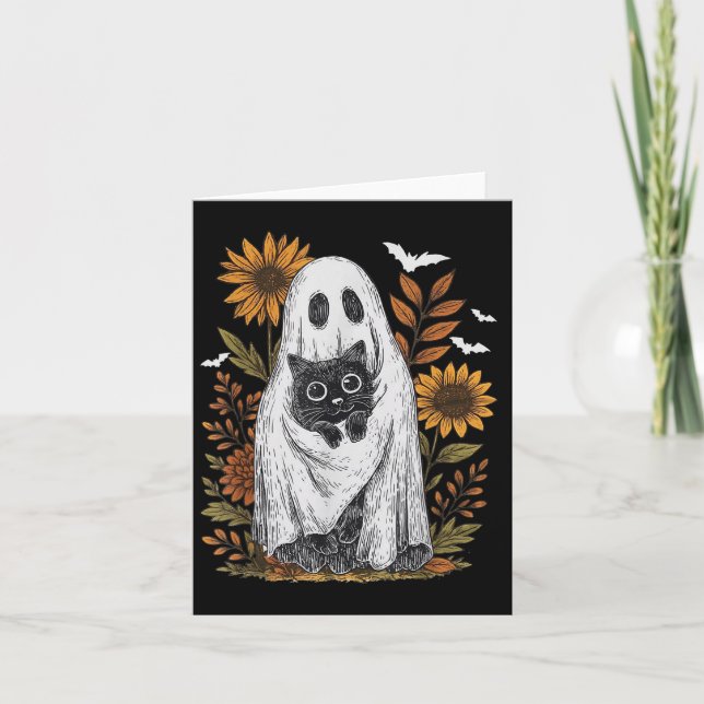 Funny Ghost Holding Black Cat Halloween Ghost Cat  Card (Front)