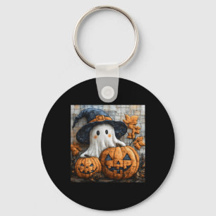 Funny Ghost Pumpkin Cute Halloween Patchwork Art 1 Keychain