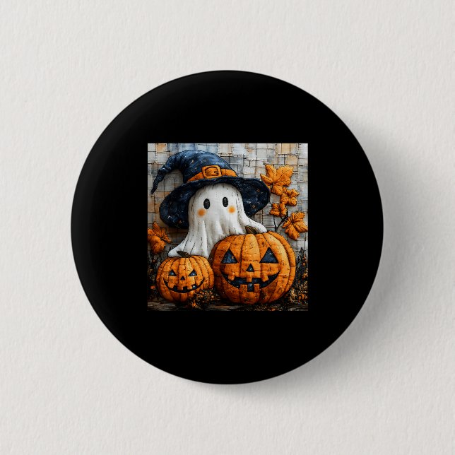 Funny Ghost Pumpkin Cute Halloween Patchwork Art  2 Inch Round Button (Front)