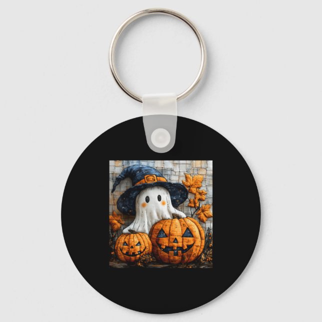 Funny Ghost Pumpkin Cute Halloween Patchwork Art  Keychain (Front)