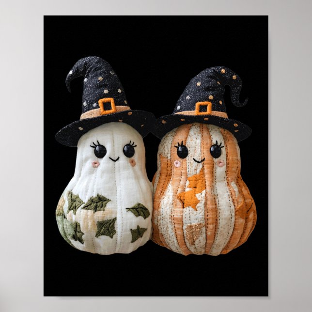 Funny Ghost Pumpkin Cute Halloween Patchwork Art  Poster (Front)