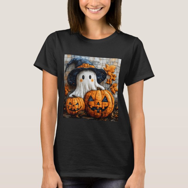 Funny Ghost Pumpkin Cute Halloween Patchwork Art  T-Shirt (Front)