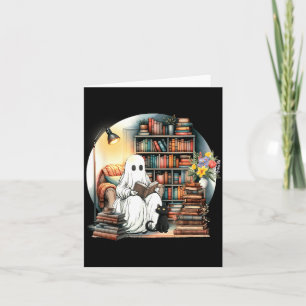 Funny Ghost Reading Book Lover Halloween Black Cat Card