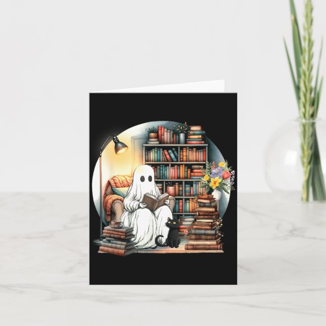 Funny Ghost Reading Book Lover Halloween Black Cat Card (Front)