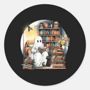 Funny Ghost Reading Book Lover Halloween Black Cat Classic Round Sticker