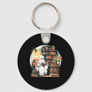 Funny Ghost Reading Book Lover Halloween Black Cat Keychain