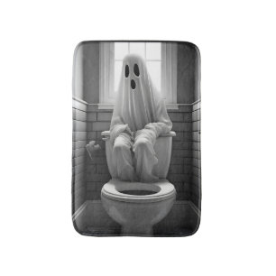 Funny ghost sitting in toilet bath mat