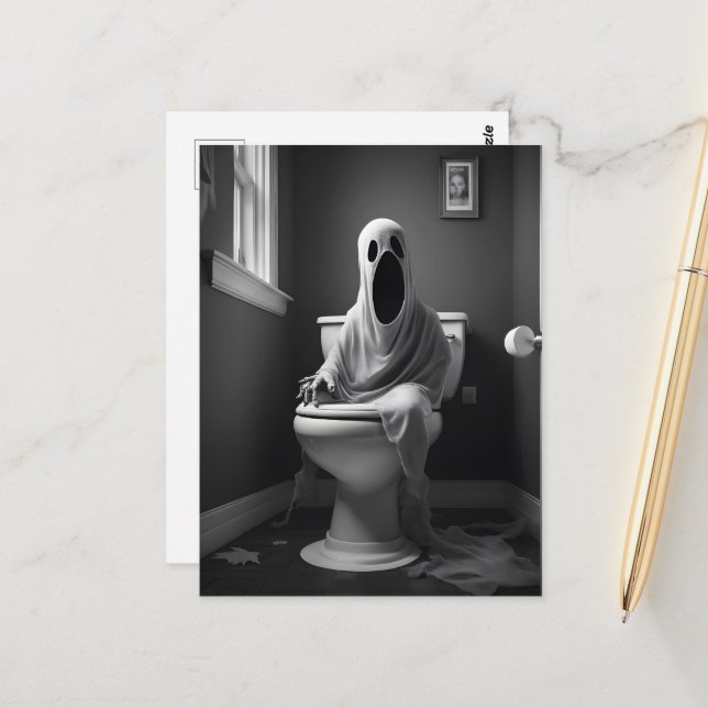 Funny ghost sitting in toilet postcard (Front/Back In Situ)