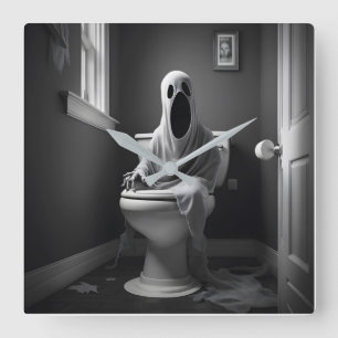 Funny ghost sitting in toilet square wall clock