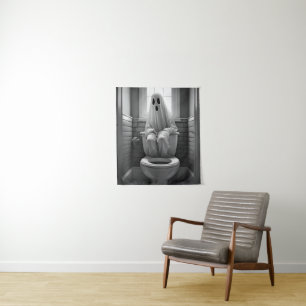 Funny ghost sitting in toilet tapestry