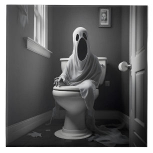 Funny ghost sitting in toilet tile