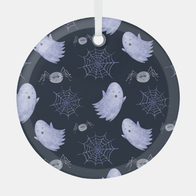 Funny Ghost Spider Halloween Pattern. Glass Ornament (Front)