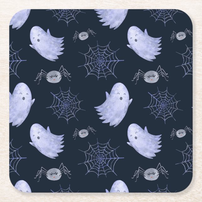 Funny Ghost Spider Halloween Pattern. Square Paper Coaster (Front)