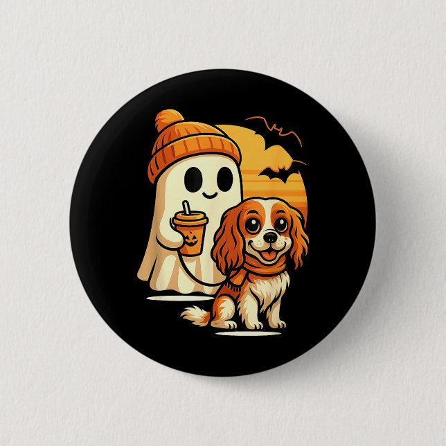 Funny Ghost Walking Cavalier King Charles Dog 2 Inch Round Button (Front)
