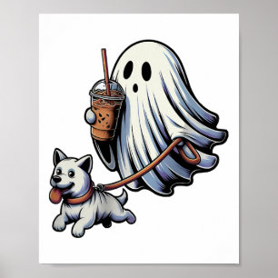 Funny Ghost Walking Dog Ghost Dog Halloween Night  Poster