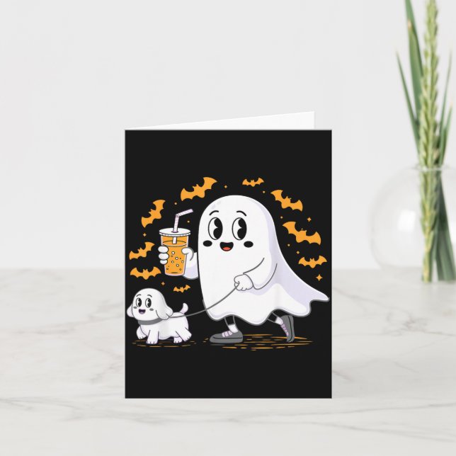 Funny Ghost Walking Dog Spooky Ghost Coffee Card (Front)