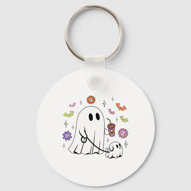 Funny Ghost Walking Dog Spooky Ghost Coffee Hallow Keychain (Front)