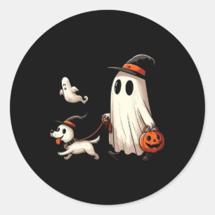 Funny Ghost Walking Dog Spooky Season Halloween Co Classic Round Sticker