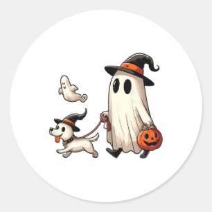 Funny Ghost Walking Dog Spooky Season Halloween Co Classic Round Sticker
