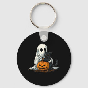 Funny Ghost With Black Cat And Jack O Lantern Keychain