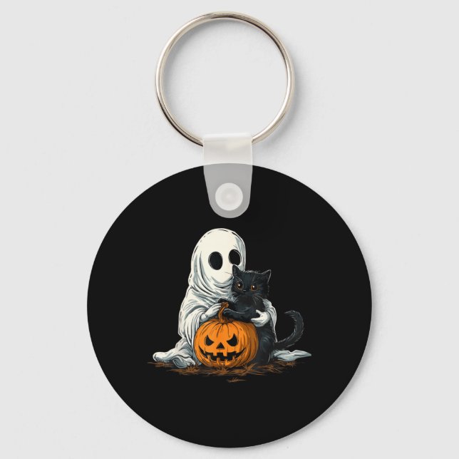 Funny Ghost With Black Cat And Jack O Lantern Keychain (Front)