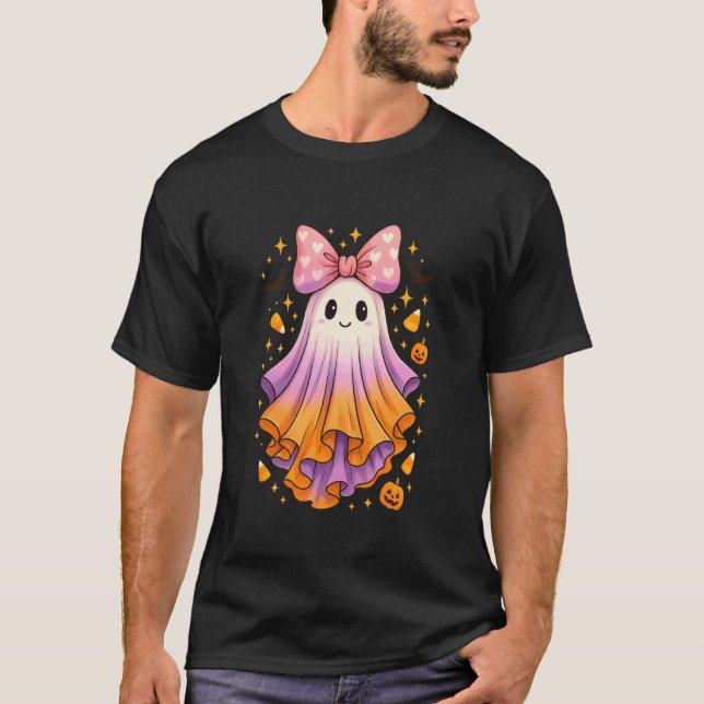 Funny Ghost with Bow Cute Candy Corn Halloween T-Shirt (Front)